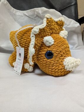 Handmade Crocheted Plush Triceratops Toy - Mustard Yellow & Cream